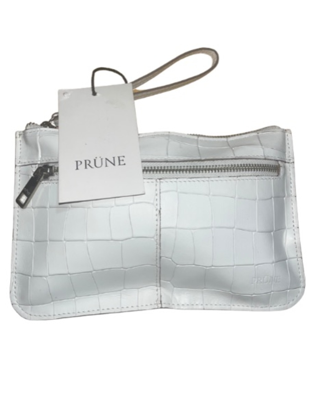 NWT PRÜNE "Sobre Praga" White Croc-Embossed Leather Wristlet Pouch Clutch